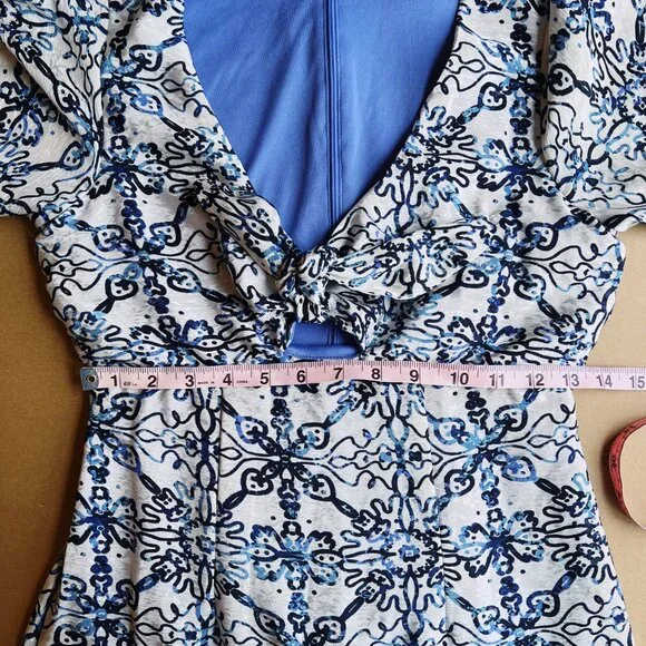 Taylor Blue & White Midi Dress | Flutter Sleeve | Coastal Chic | Size 2 - Picture 8 of 10